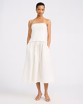 Mixed Media Strapless Drop Waist Midi Dress with Pockets