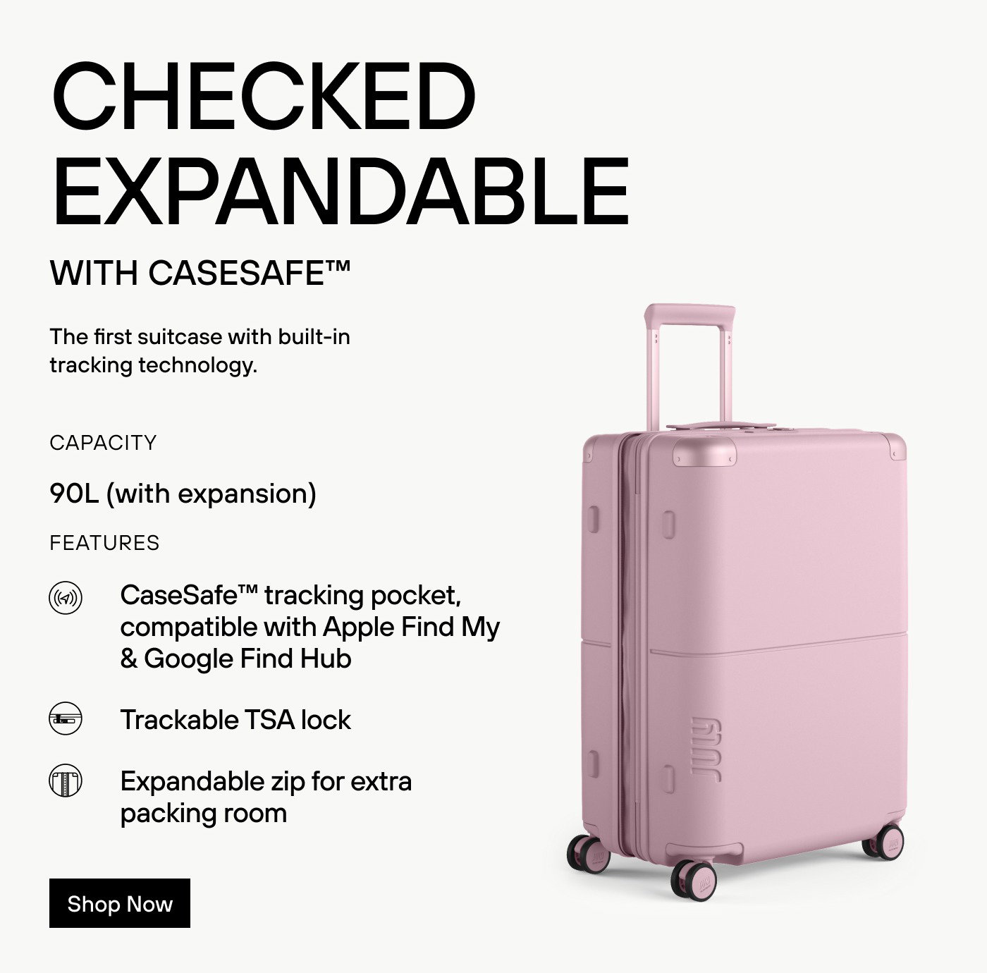 CHECKED EXPANDABLE WITH CASESAFE™. The first suitcase with built-in tracking technology. 