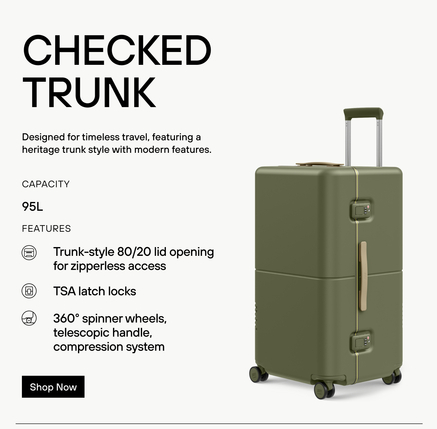 CHECKED TRUNK. Designed for timeless travel, featuring a heritage trunk style with modern features.