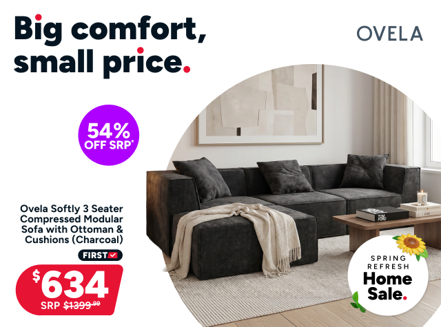 Ovela Softly 3 Seater Compressed Modular Sofa with Ottoman & Cushions (Charcoal)