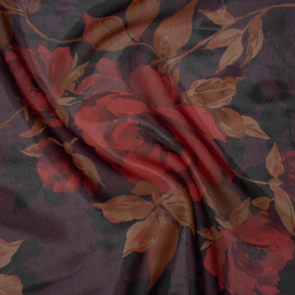 Image of Polyester Chiffon Print - Plum, Red and Tan Floral - Designer Deadstock