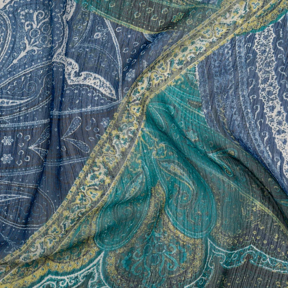Image of Crinkled Polyester Chiffon Print - Dark Blue, Teal and Olive Ornate Paisley Patchwork - Designer Deadstock
