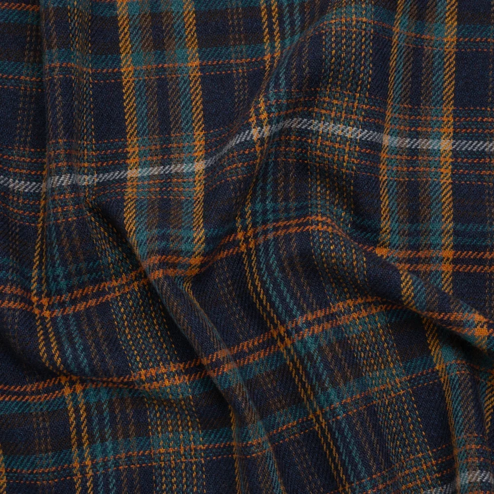 Image of Wool Blend Tweedy Twill - Navy, Burnt Orange and Teal Blue Plaid