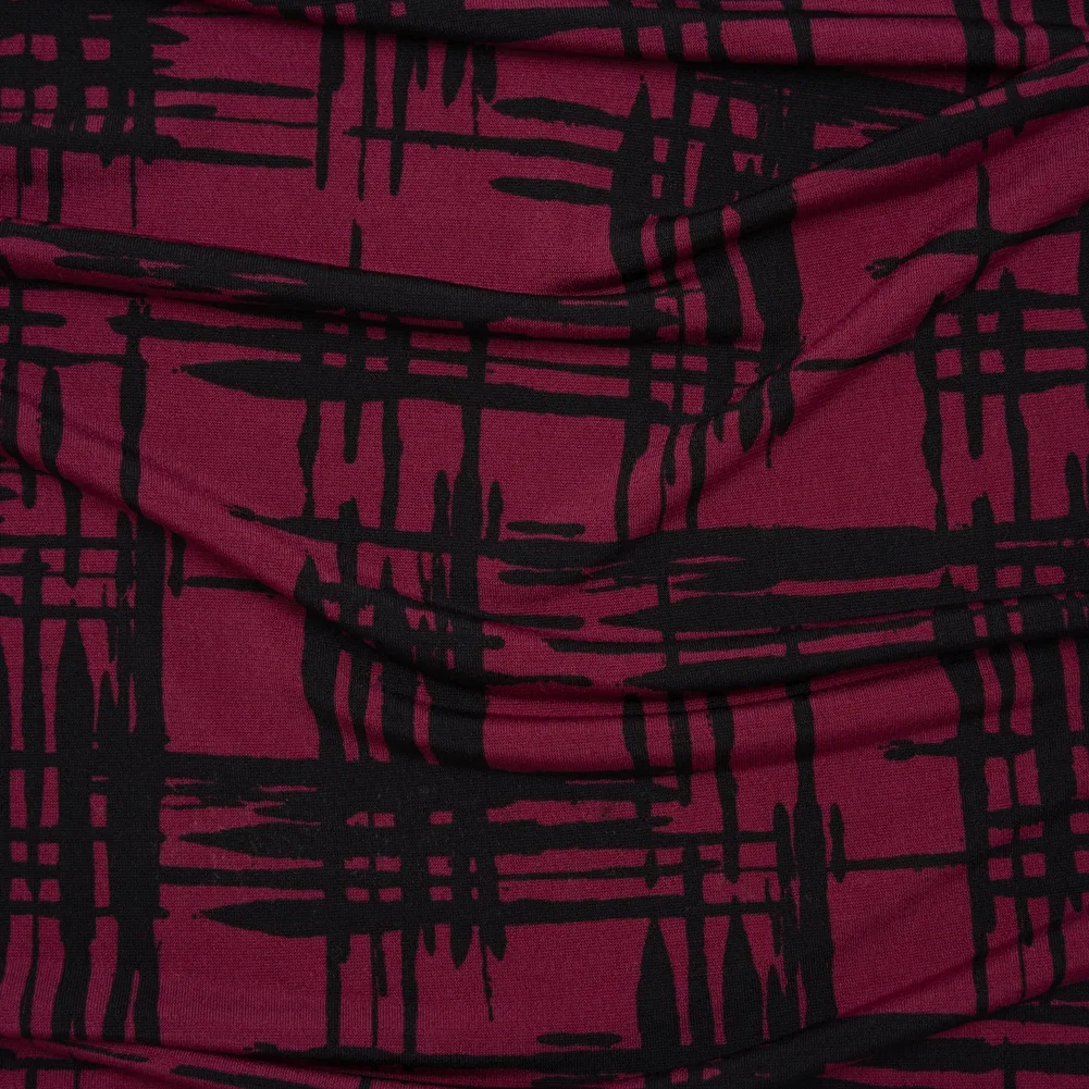 Image of Stretch Polyester Matte Jersey Print - Raspberry and Black Abstract Hatching - Designer Deadstock