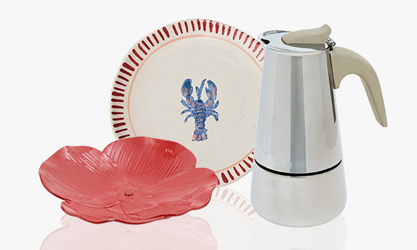 Homeware items including a lobster plate, a coffee maker and a pink flower-shaped bowl.