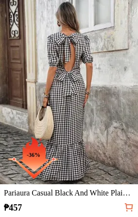 Pariaura Casual Black And White Plaid Woven Fabric Maxi Dress With Puff Sleeves Round Neck And Ruffle Hem Elegant Women's Ceremony Dress Going Out Outfits