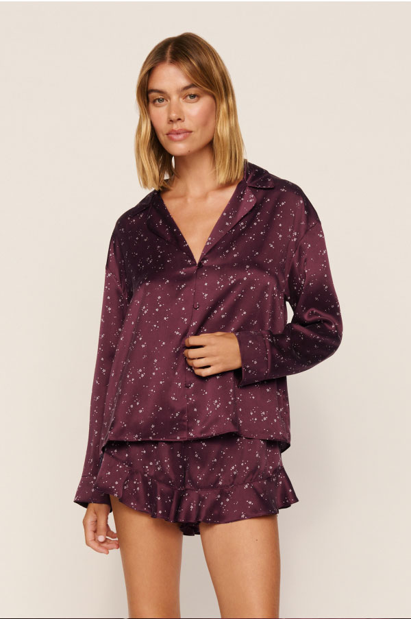 Washable Silk Printed Ruffle Long Sleeve & Short PJ Set Starlight Wildberry