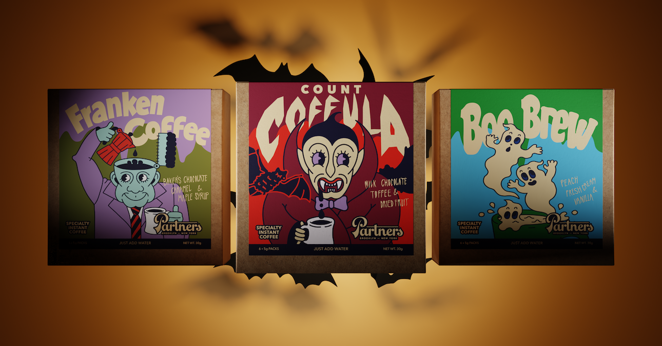 Boxes of Partners Coffee Halloween Specialty Instant Coffees, Franken Coffee, Count Coffula, and Boo Brew