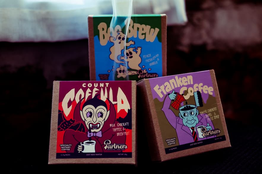 Boxes of Partners Coffee Halloween Specialty Instant Coffees, Franken Coffee, Count Coffula, and Boo Brew