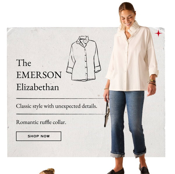 The Emerson Elizabethan - Classic style with unexpected details. Romantic ruffle collar. - Shop now - Image of a woman wearing a white button up shirt with an elizabethan collar