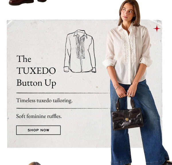 The Tuxedo Button Up - Timeless tuxedo tailoring. Soft feminine ruffles. - Shop now - Image of a woman wearing a white tuxedo button up