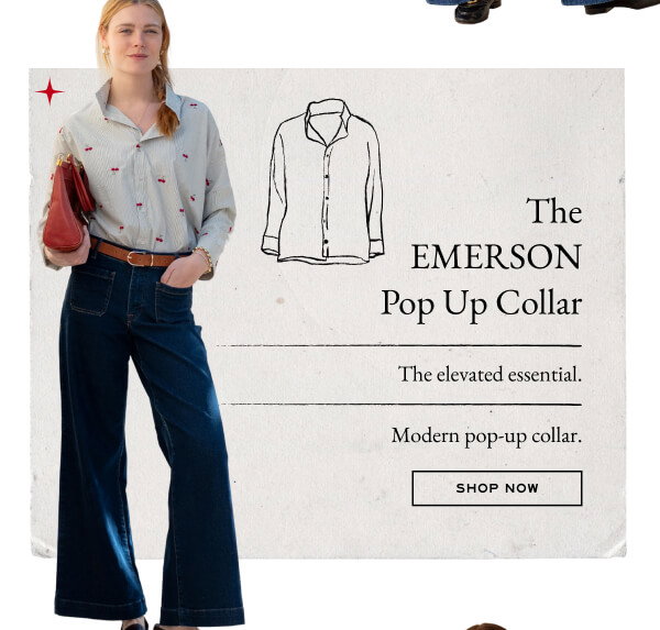 The Emerson Pop Up Collar - The elevated essential. Modern pop-up collar. - Shop now - Image of a woman wearing a pop-collar top with cherry embroidery details