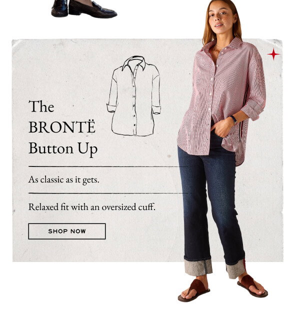 The Bronte Button Up - As classic as it gets. - Relaxed fit with an oversized cuff. - Shop now - Image of a woman wearing a red striped button up shirt