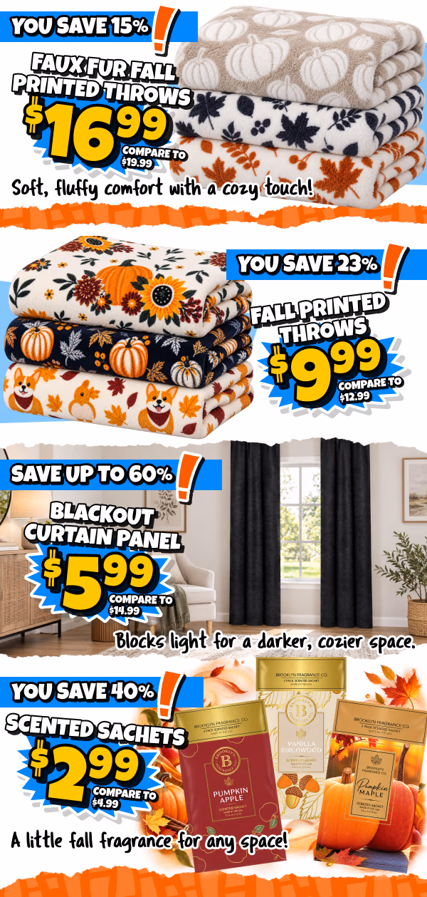 Fall patterned throw blankets, curtains, and scented sachets