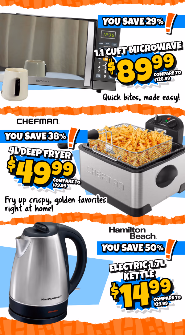 Small appliances such as a 1.1 cubic ft microwave, 4 liter deep fryer, 1.7 liter electric kettle