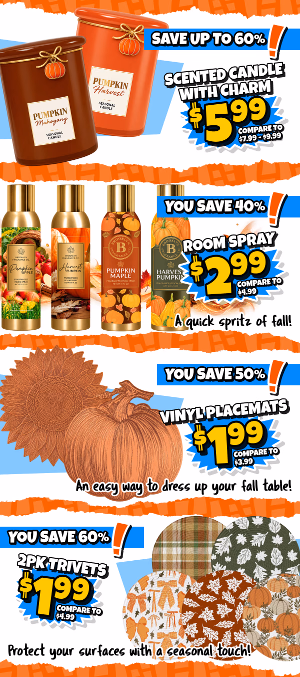 Fall scented candles and room sprays, vinyl placemats, 2 pack trivets