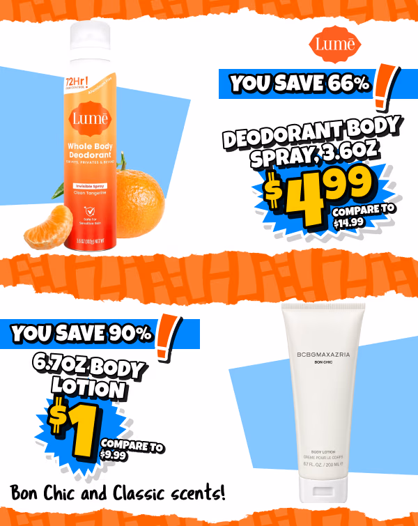 Lume whole body deodorant spray and body lotion