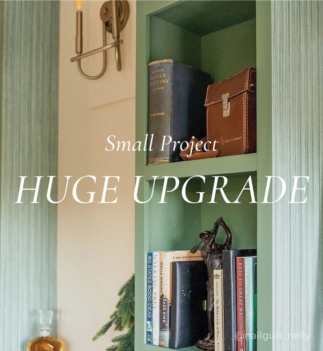 Image of Tempaper's Faux Grasscloth in Green installed on the sides of a book case. Text overlay "Small Project. Huge Upgrade"