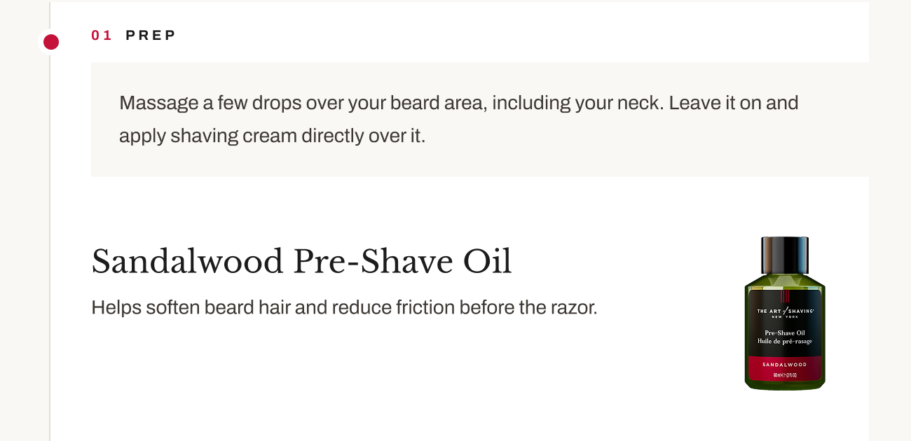 Product image of Sandalwood Pre-Shave Oil with prep instructions.