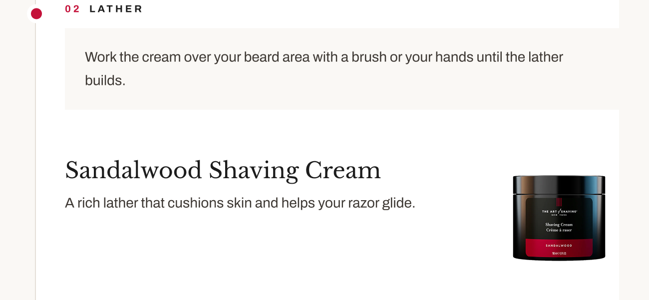 Product image of Sandalwood Shaving Cream with lather instructions.