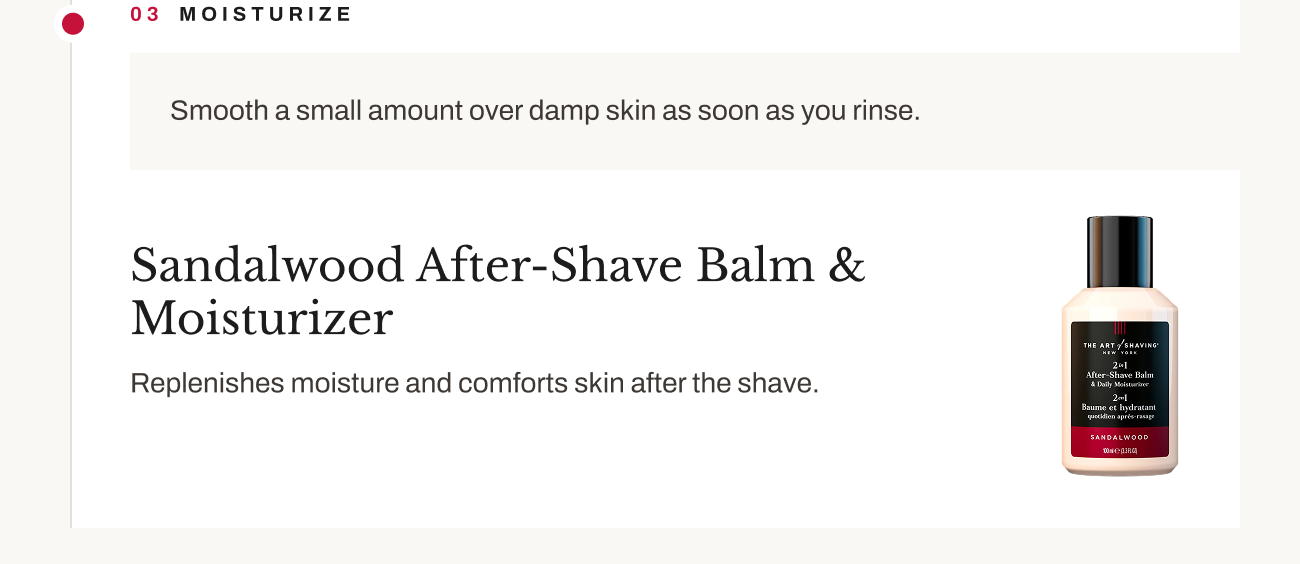 Product image of Sandalwood After-Shave Balm & Moisturizer with moisturizing instructions.