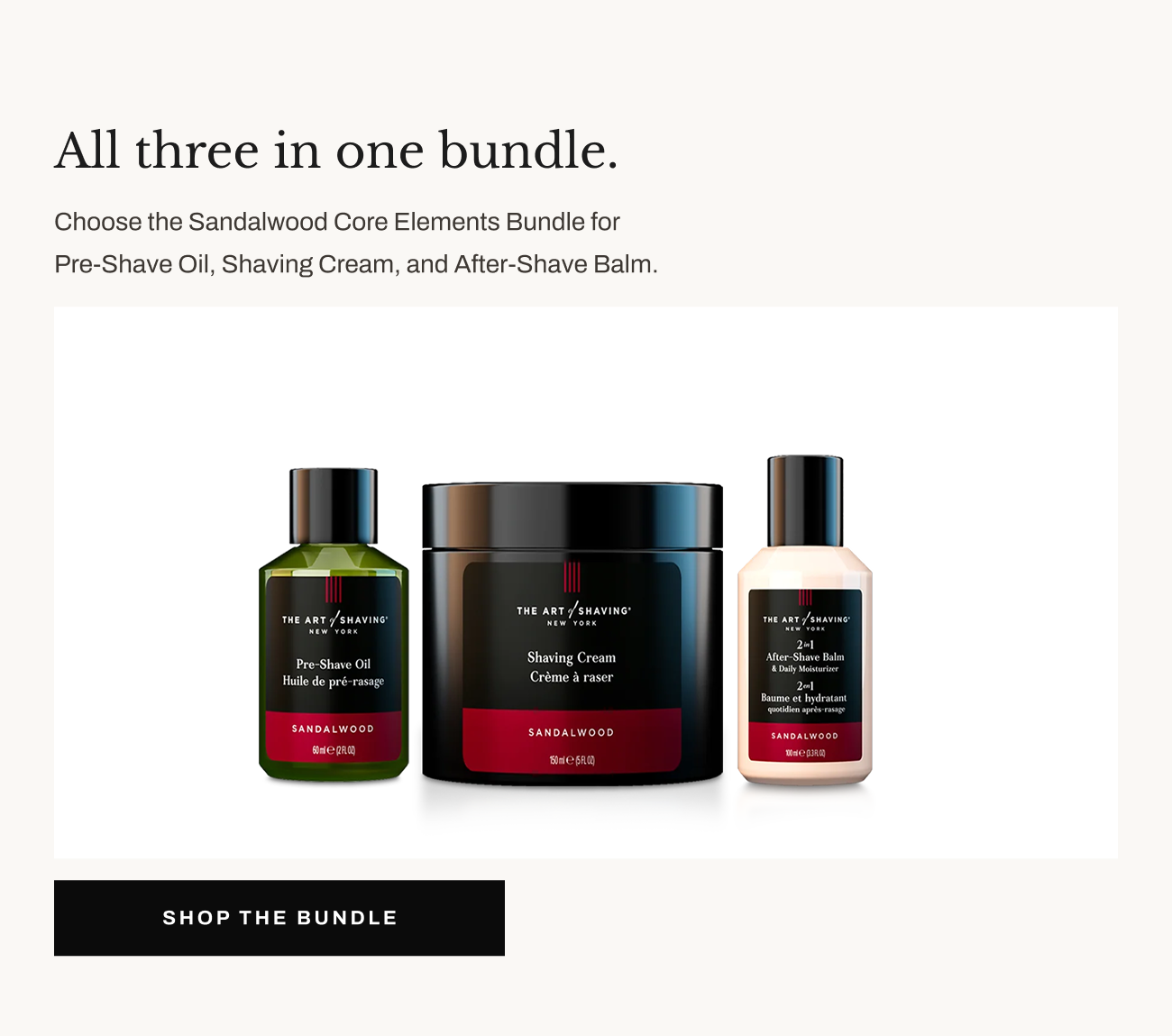 Product image of Sandalwood Core Elements Bundle with “Shop the Bundle” button.