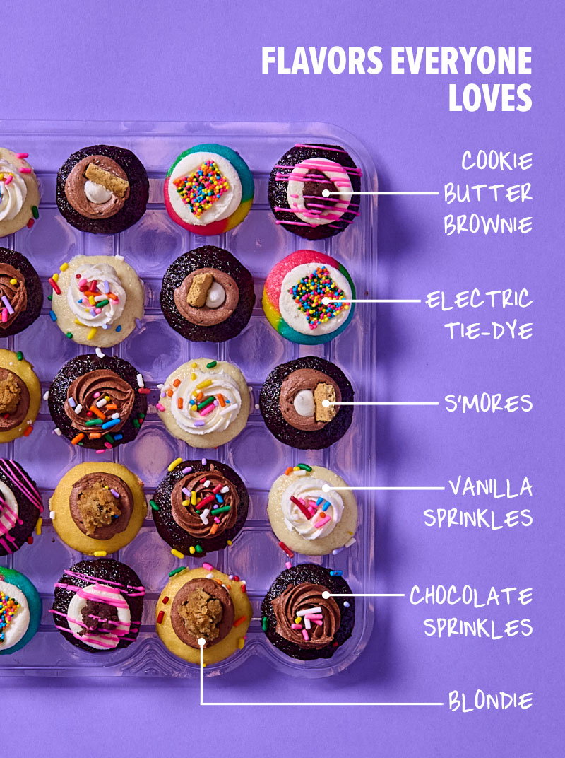 Flavors everyone loves! Cookie butter brownie, electric tie-dye, s'mores, vanilla sprinkles, chocolate sprinkles, and blondie.