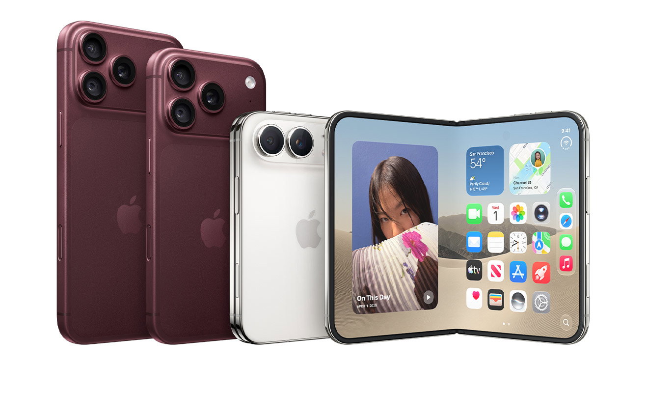 iPhone 18 Pro Max and iPhone 18 Pro, back exterior, Burgundy color, side by side with two iPhone Duo models, one folded displaying the back exterior, the other in landscape orientation, unfolded, with interior displays photos on the left, apps on the right