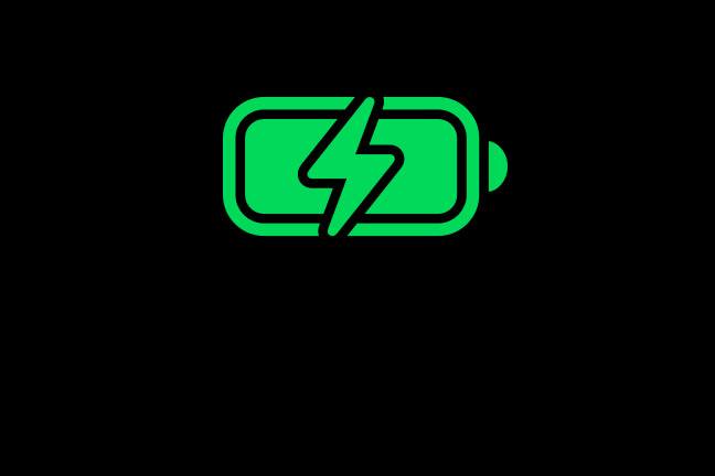 Green battery icon, lightning bolt in the center, indicating a full charge