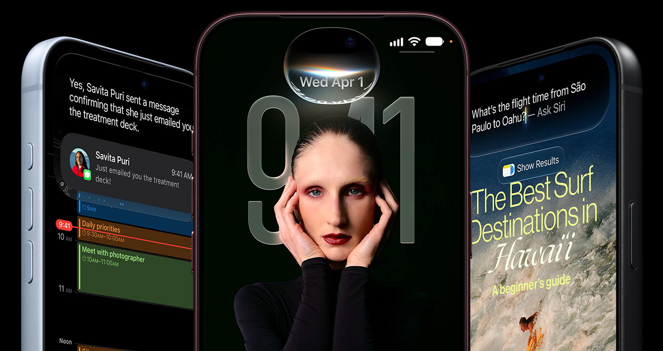 iPhone 18 Pro models in Silver, Burgundy, Black displaying examples of Siri AI: summarizing a text message and showing best surf destinations in Hawaii
