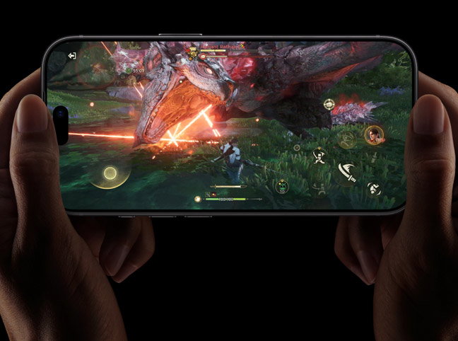 iPhone 18 Pro, front exterior, demonstrating the performance capabilities of the A20 Pro chip with a scene from Neverness to Everness