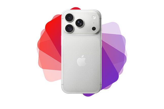 iPhone 18 Pro, Silver color, back exterior, 48MP Pro Fusion camera system, Apple logo in center, phone model overlaid on Apple Upgrade rosette in purple and red