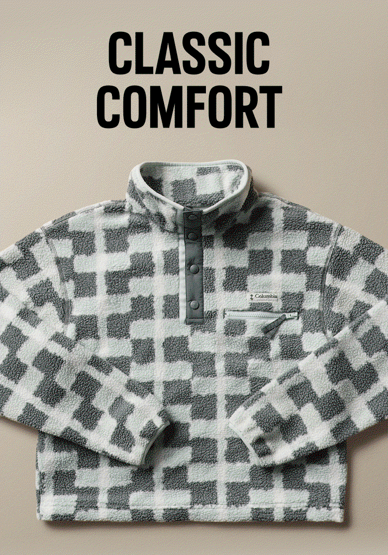 Classic Comfort. A rotating gif of Helvetia fleece styles in different colors and prints. 