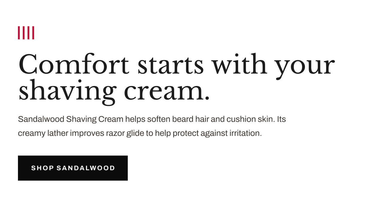 Header text, “Comfort starts with your shaving cream.” with “Shop Sandalwood” button.