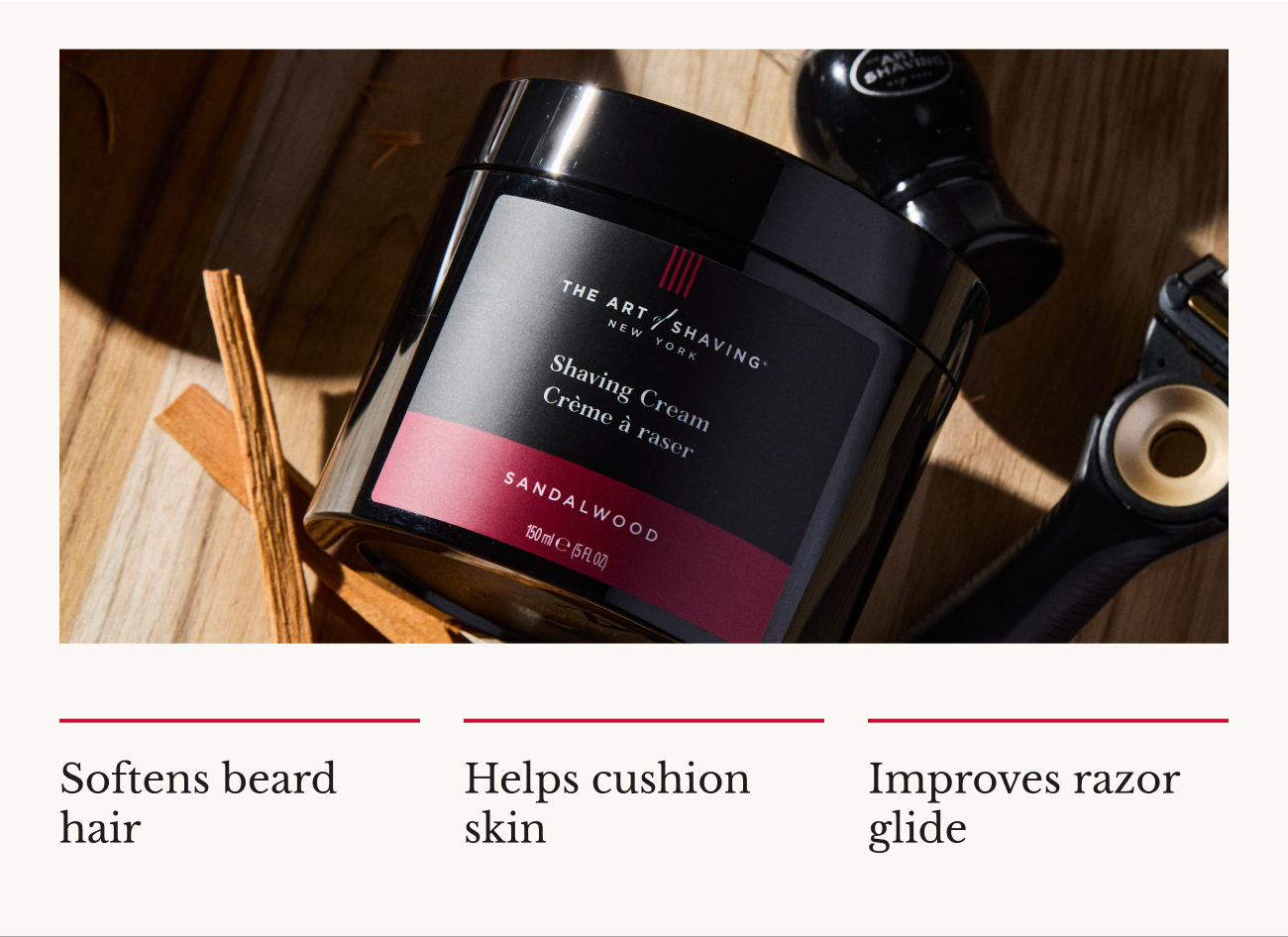 Product image of Sandalwood Shaving Cream with benefits: softens beard hair, helps cushion skin and improves razor glide.