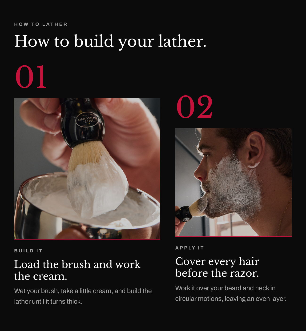 How-to image, “How to build your lather.” Build the cream with a wet brush, then apply evenly over beard and neck.