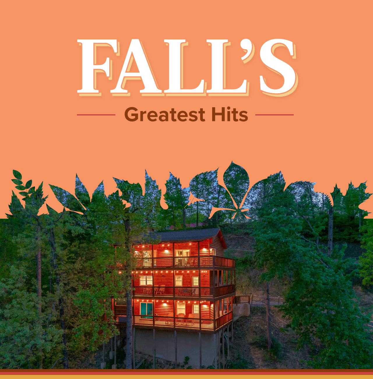 Cozy multistory cabin illuminated at dusk, surrounded by tall forest trees on a hillside.