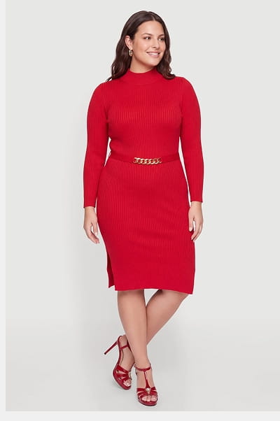Shop Plus Size Chain Link Belted Front Sweater Dress