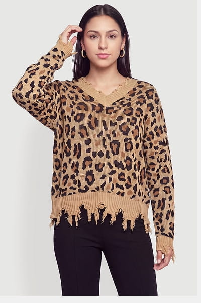 Shop Leopard Print Distressed Trim V-Neck Sweater