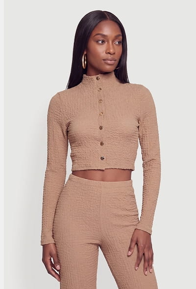 Shop Textured Knit Long Sleeve Button Front Crop Top