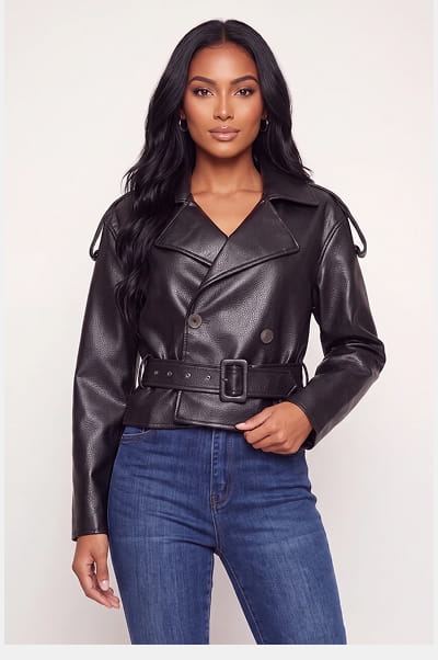 Shop Faux Leather Button Front Cropped Trench Coat