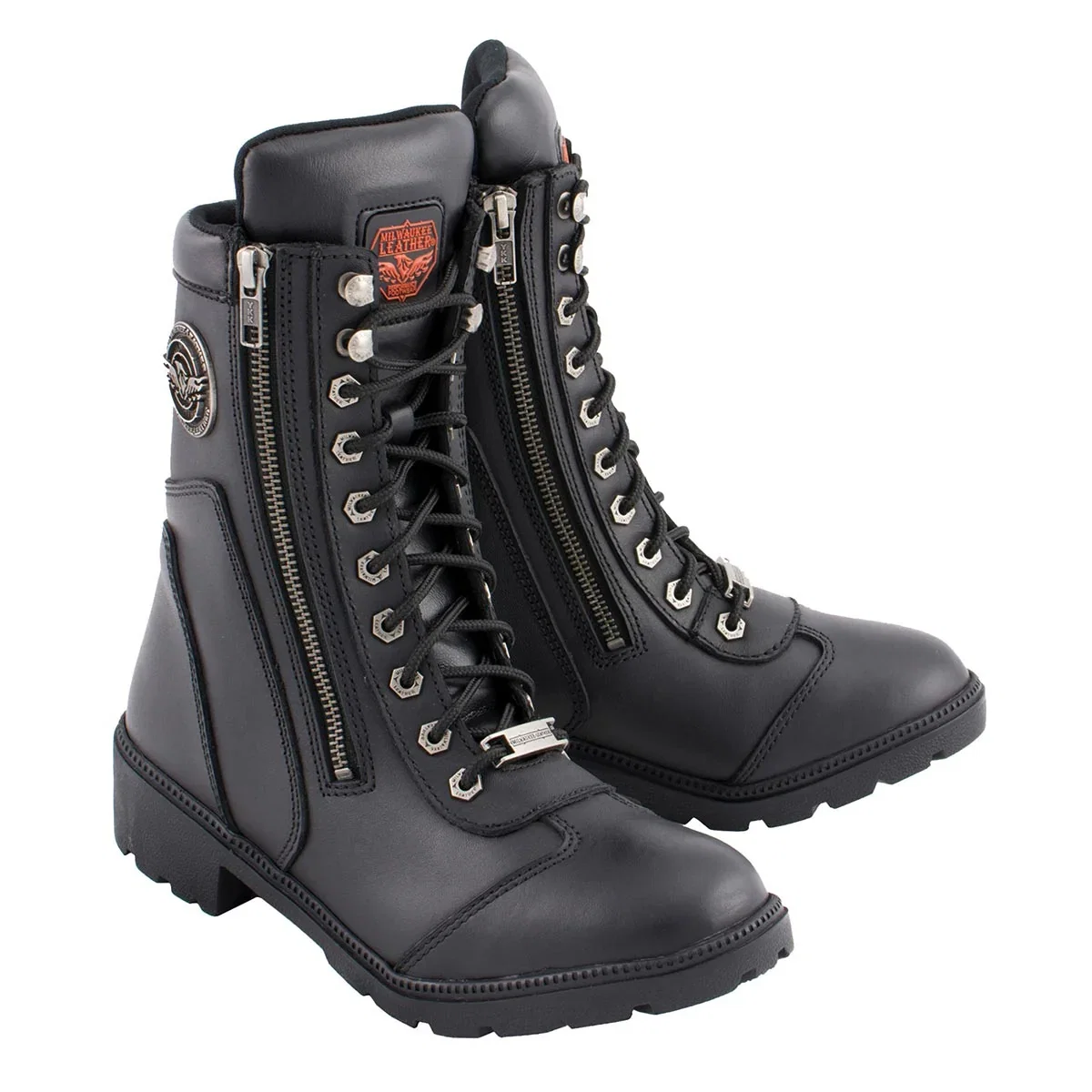 Image of Milwaukee Leather MBL9301 Women's Black Leather Lace-Up Motorcycle Biker Riding Boots with Side Zipper Entry