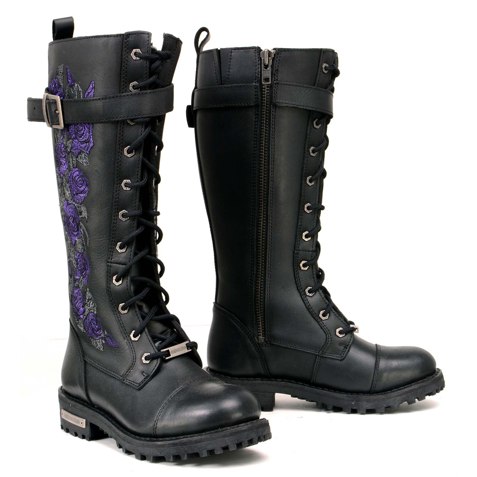 Image of Milwaukee Leather MBL9357 Women's Black 14” Tall Motorcycle Boots Lace-Up High-Rise Purple Embroidered Leather Shoe