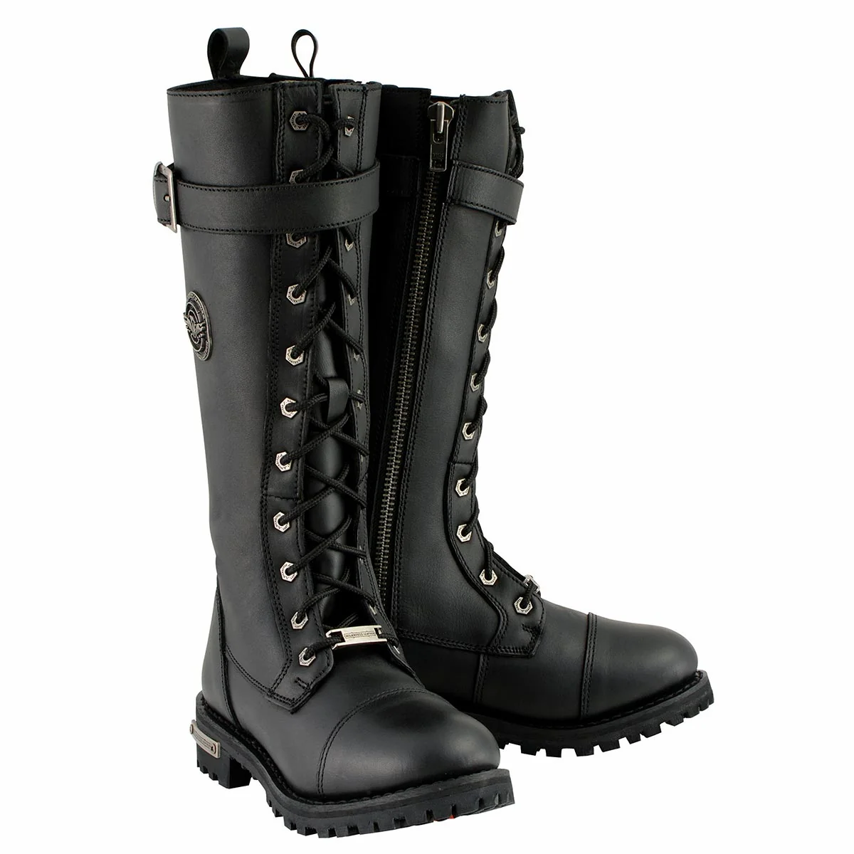Image of Milwaukee Leather Women's Black 14-inch Lace-Up High-Rise Leather Biker Rider Boots with Calf Buckle MBL9355