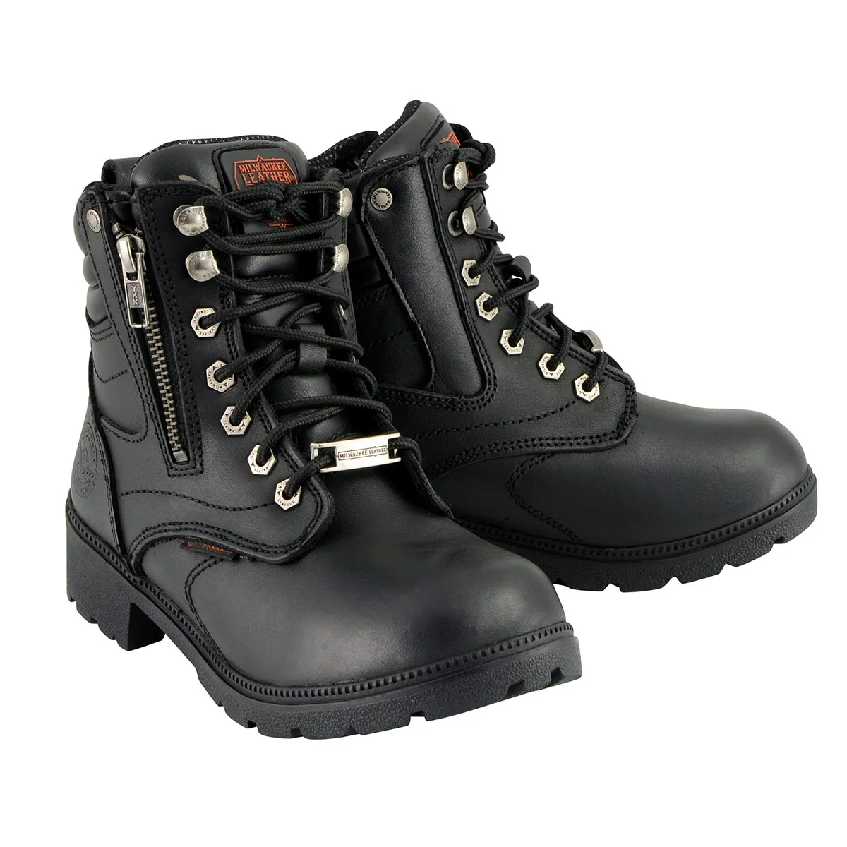 Image of Milwaukee Leather MBL9321WP Women's Black Waterproof Lace-Up Motorcycle Biker Rider Boots w/ Side Zipper