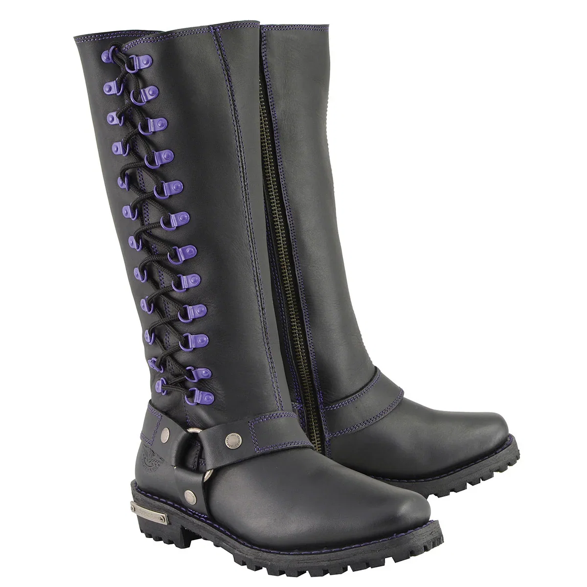 Image of Milwaukee Leather Women's Black 14-inch Leather Harness Motorcycle Boots with Purple Accent Lacing MBL9366