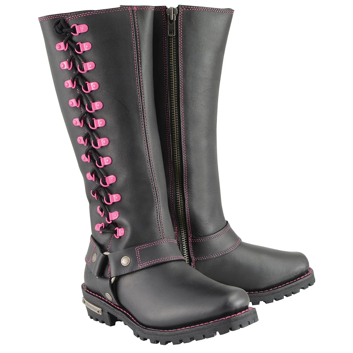 Image of Milwaukee Leather Women's Black 14-inch Leather Harness Motorcycle Boots with Fuchsia Accent Lacing MBL9367