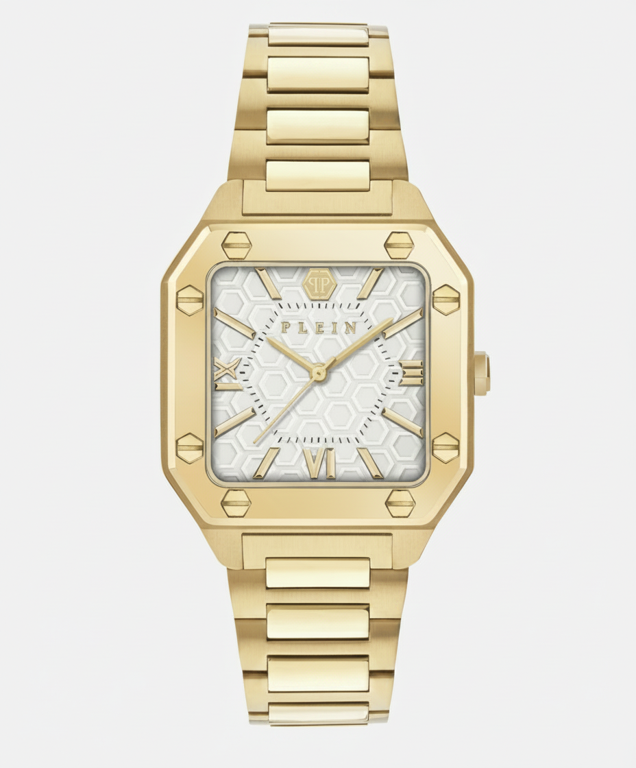 Gold watch with a white hexagonal dial and Roman numerals.