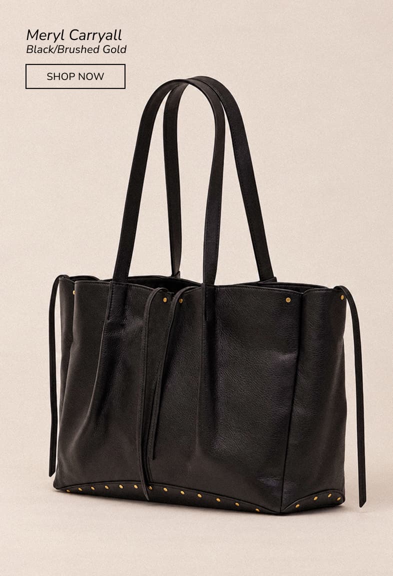 Meryl Carryall in Black/Brushed Gold, a large black leather tote with long handles and mini brushed gold rivet detailing. SHOP NOW.