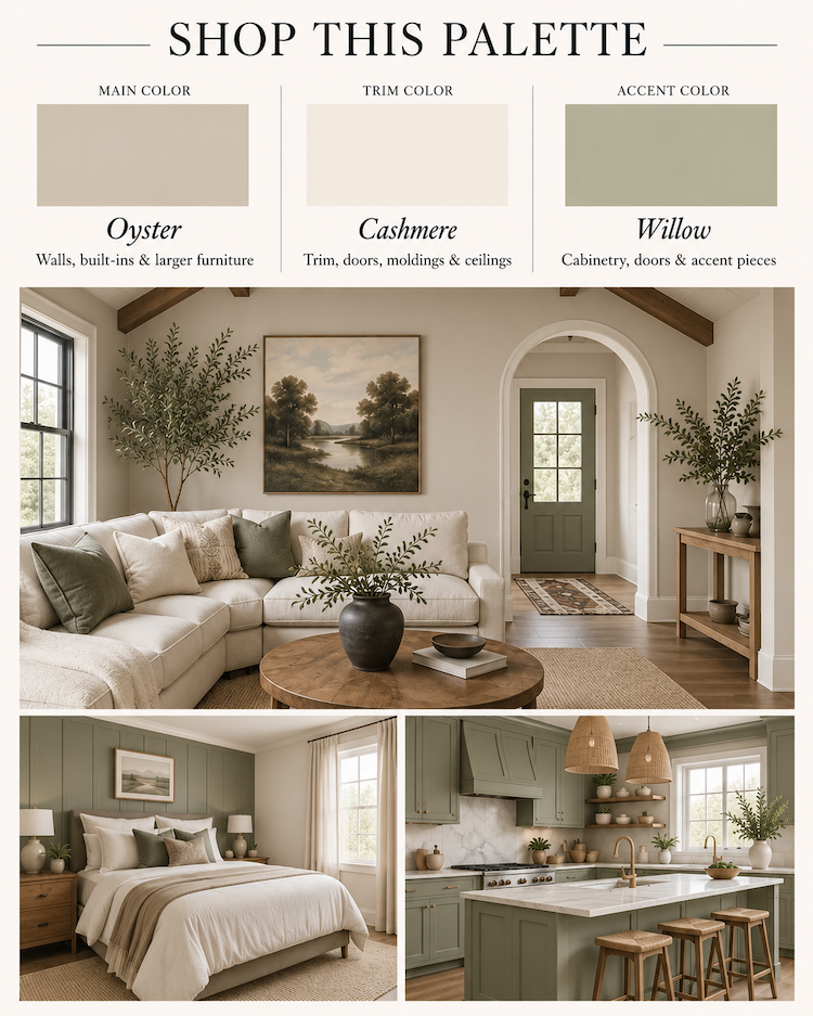 Coordinated ALL-IN-ONE Paint color palette featuring Oyster, Cashmere and Willow in warm white, bright white and soft earthy green.